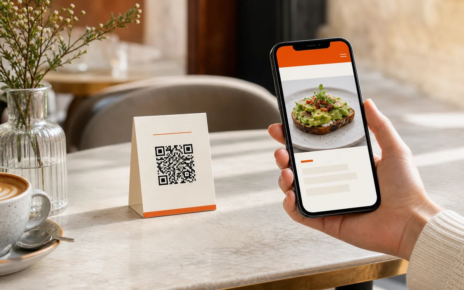 Gast öffnet eine digitale Speisekarte per QR-Code im Restaurant