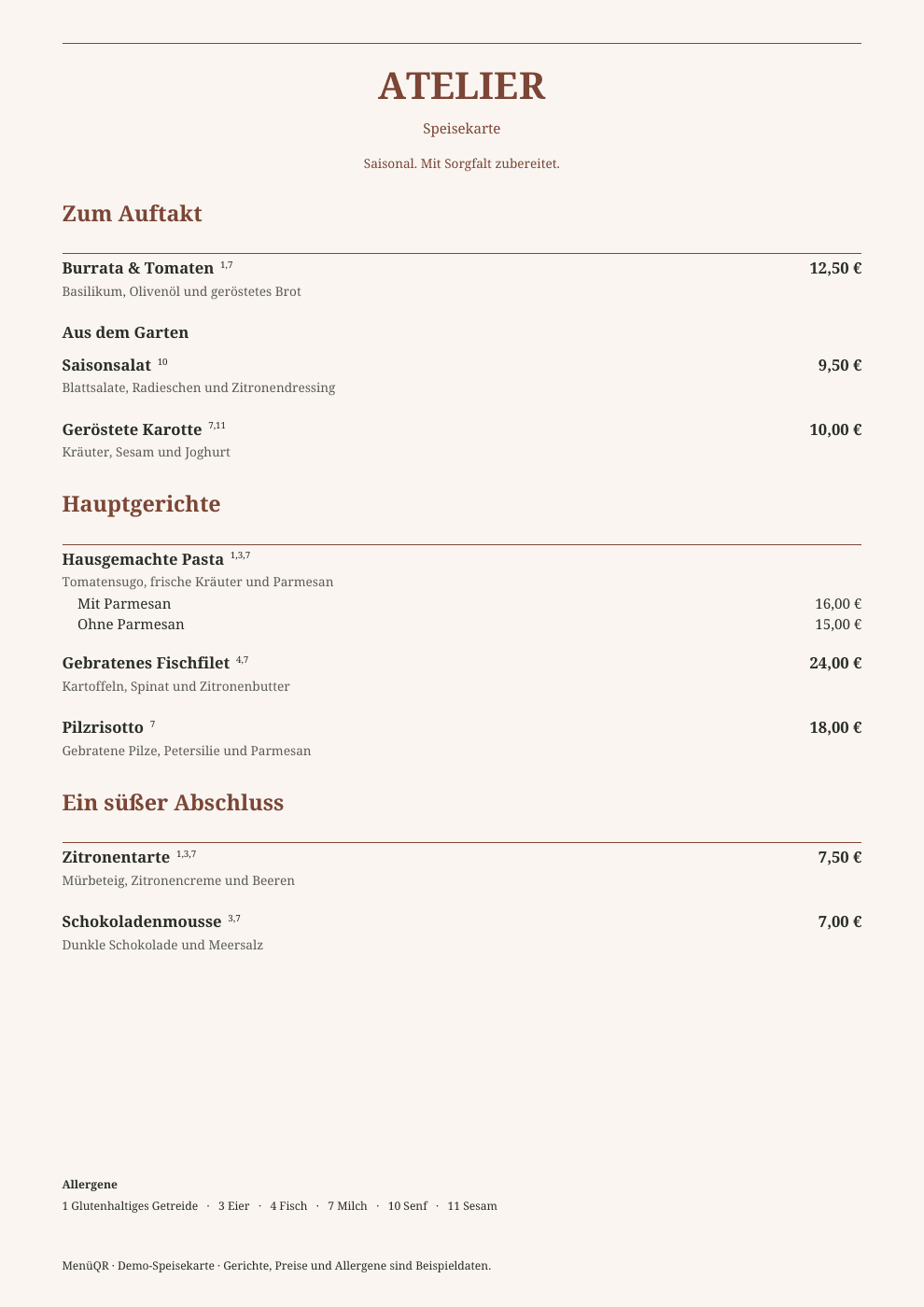 Speisekarte-Vorlage Bistro mit Kategorien, Preisen und Allergenlegende