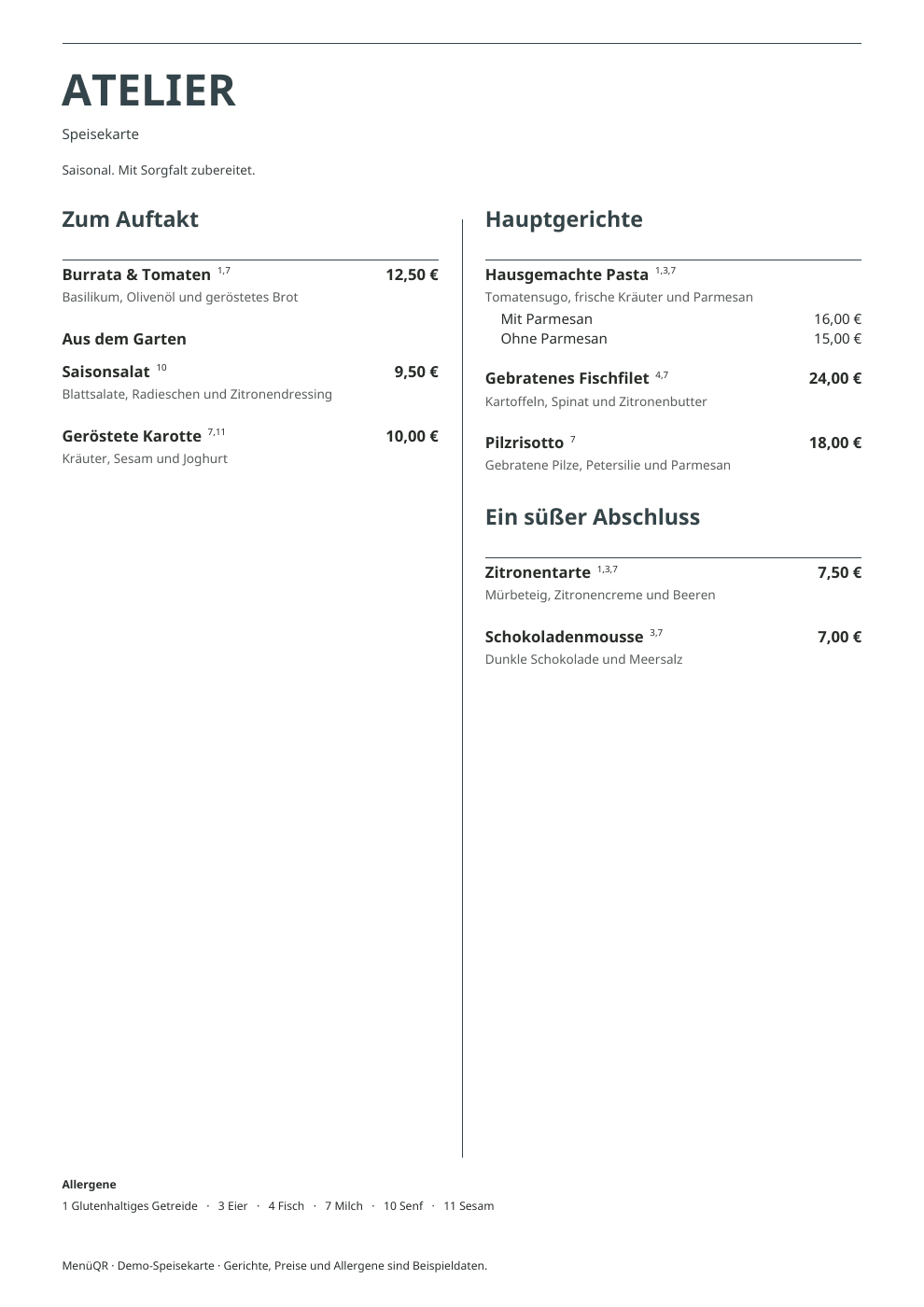 Speisekarte-Vorlage Chapters mit Kategorien, Preisen und Allergenlegende