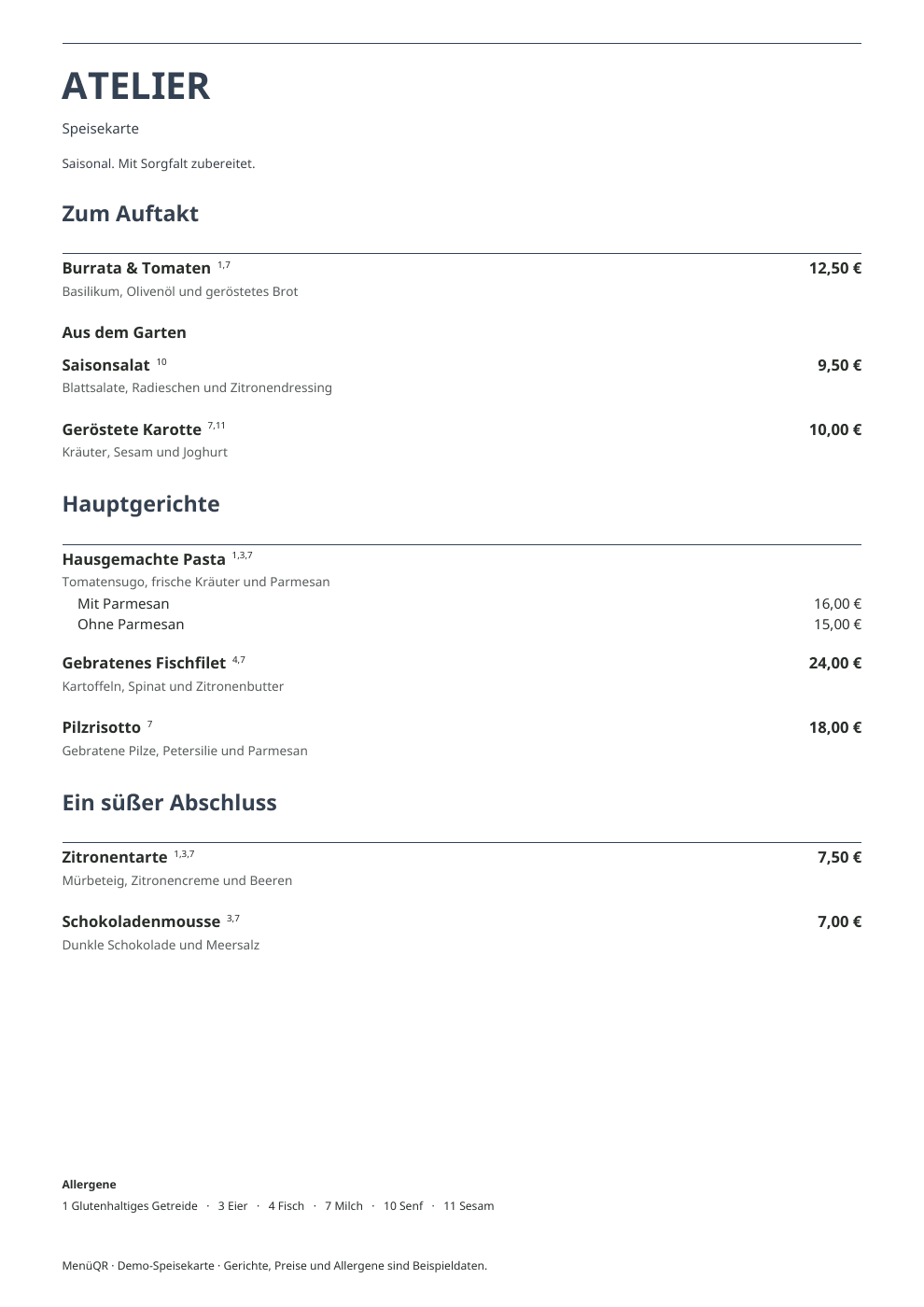 Speisekarte-Vorlage Classic mit Kategorien, Preisen und Allergenlegende