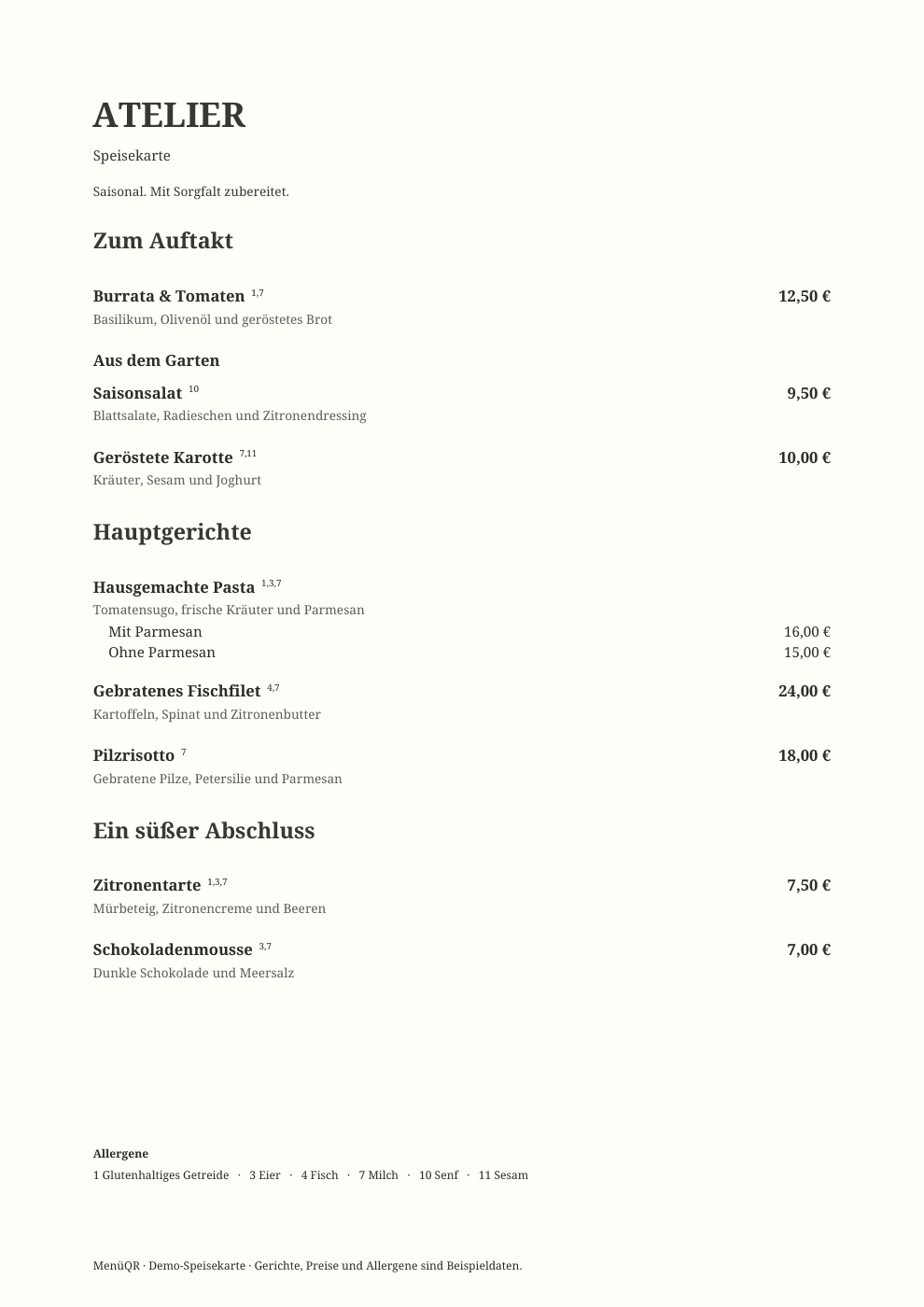 Speisekarte-Vorlage Letter mit Kategorien, Preisen und Allergenlegende