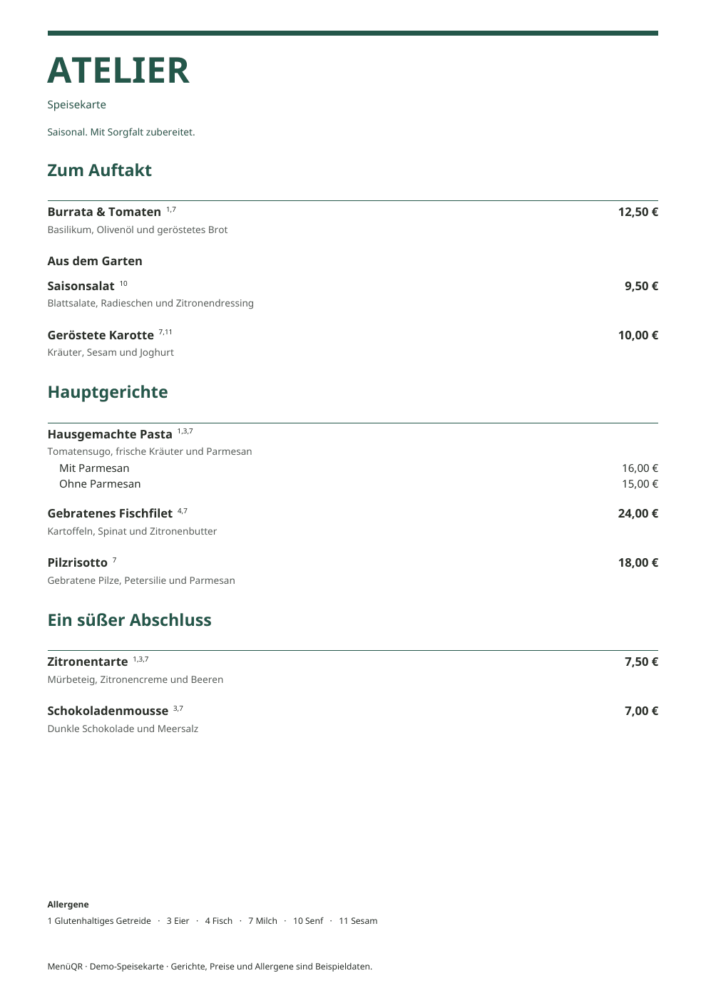 Speisekarte-Vorlage Modern mit Kategorien, Preisen und Allergenlegende