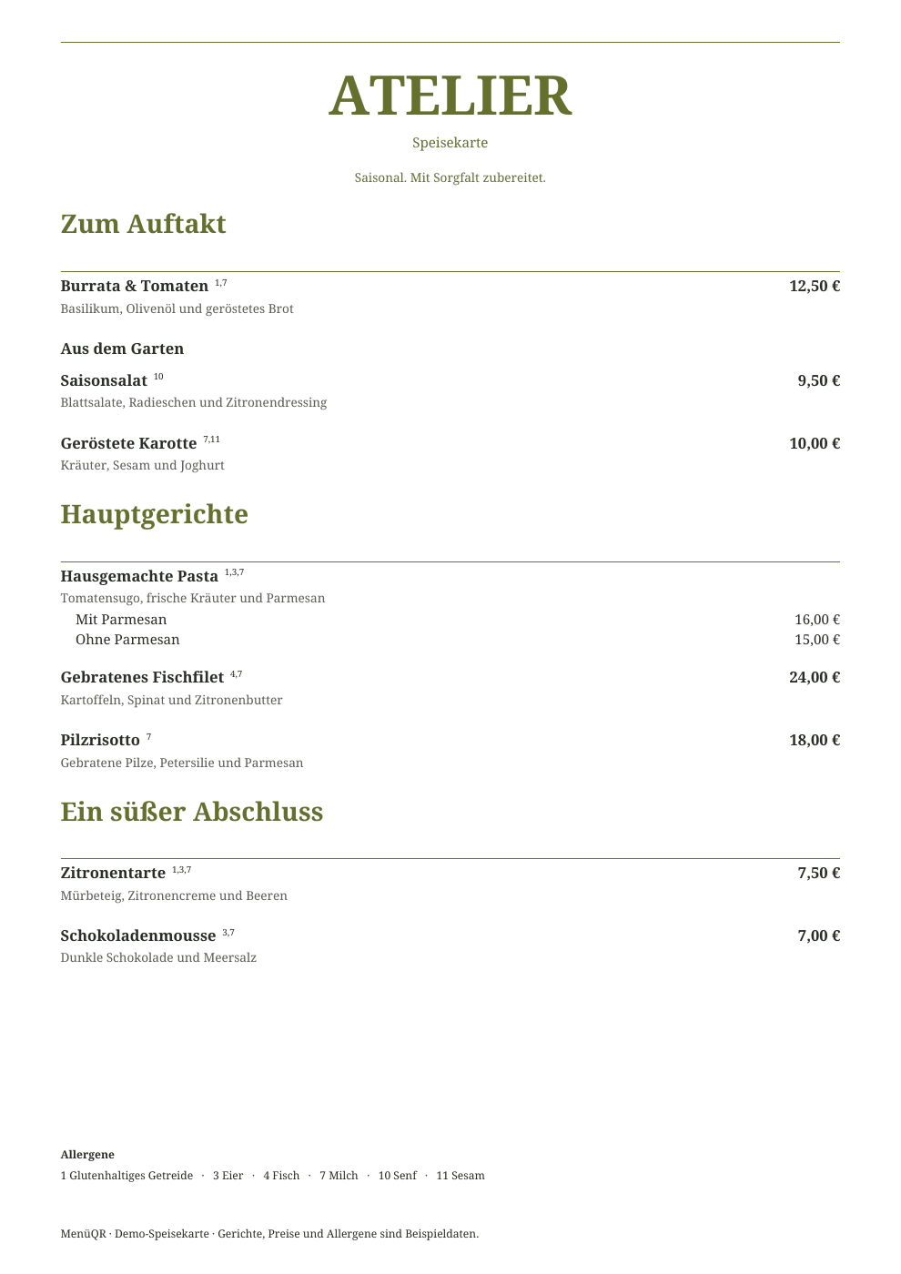 Speisekarte-Vorlage Olive mit Kategorien, Preisen und Allergenlegende