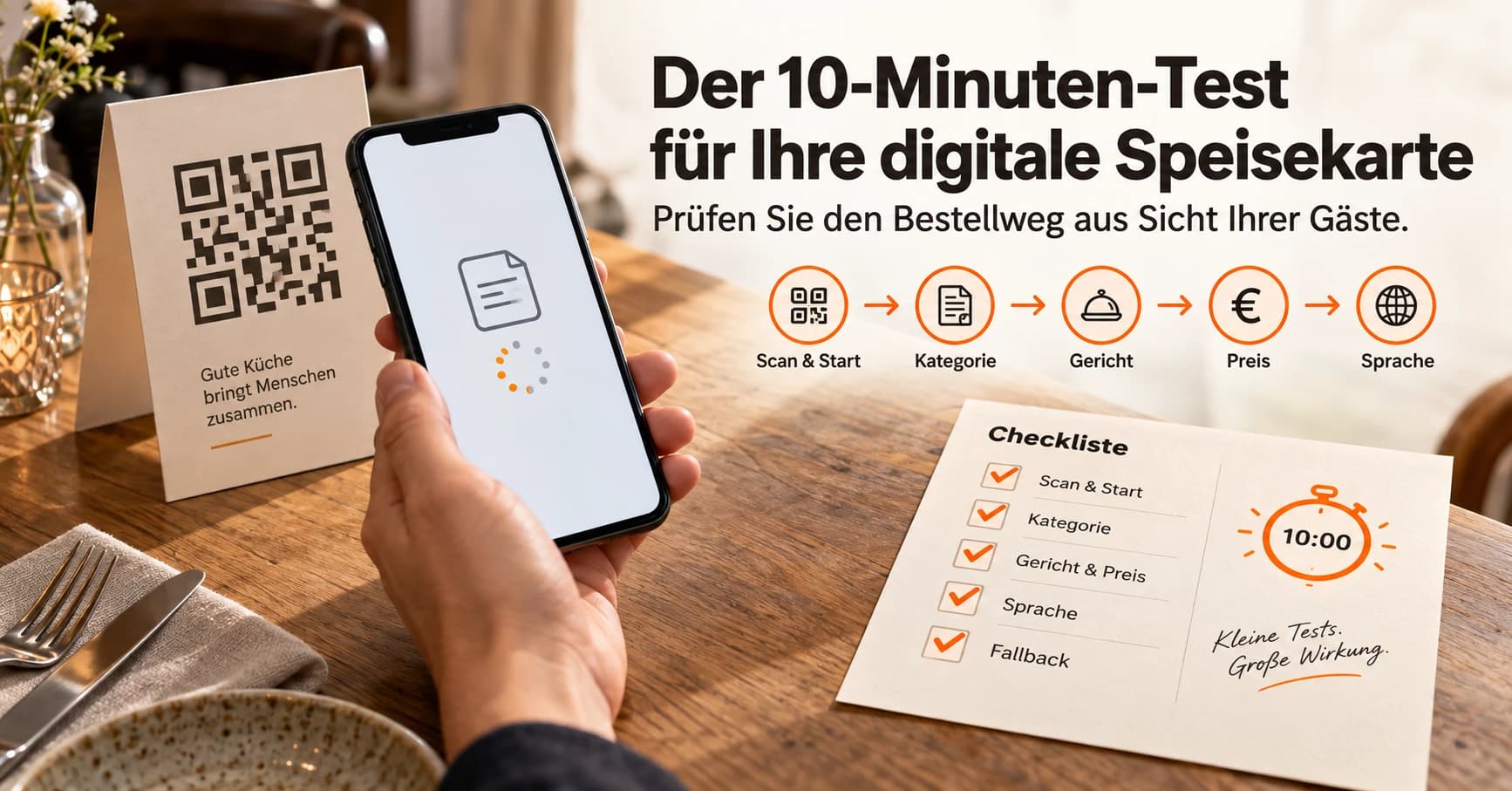 QR-Aufsteller und Smartphone am Restauranttisch neben einer Checkliste für den 10-Minuten-Test der digitalen Speisekarte