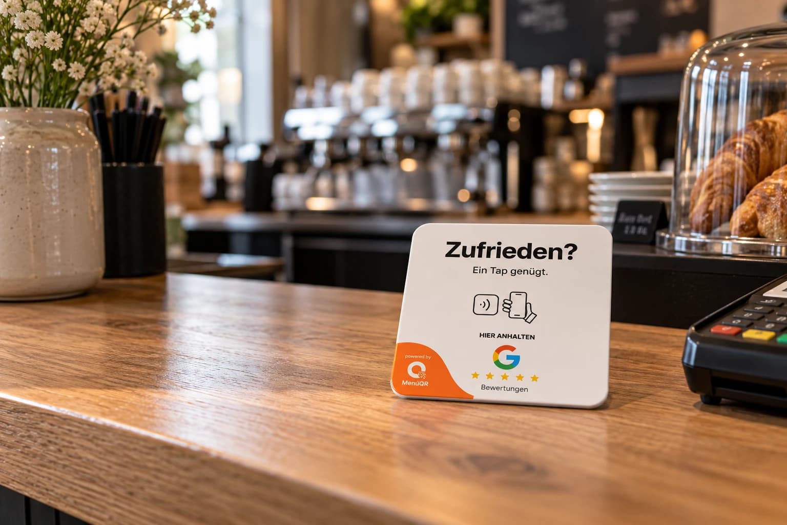 MenüQR NFC-Bewertungskarte auf der Holztheke eines Cafés neben dem Kartenterminal